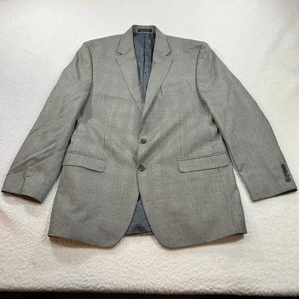 Chaps Sport Coat Mens 44L Gray Glen Plaid Blazer Two Button Long Professional